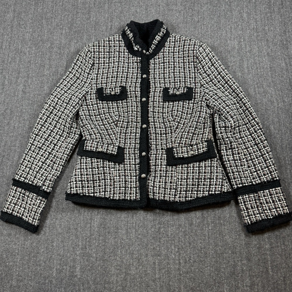 White House Black Market Women's Tweed Jacket Size 10 Black White Fringe Trim